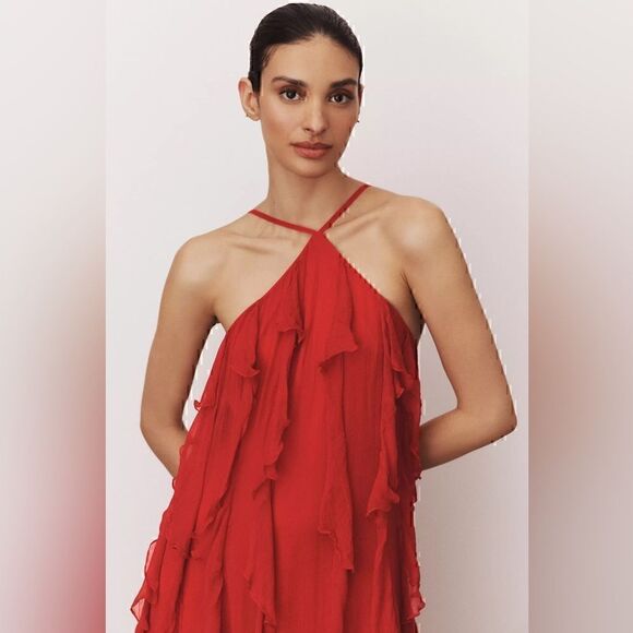 Anthropologie BHLDN Farrah High-Neck Ruffle Chiffon Maxi Dress  Medium New - Picture 5 of 7